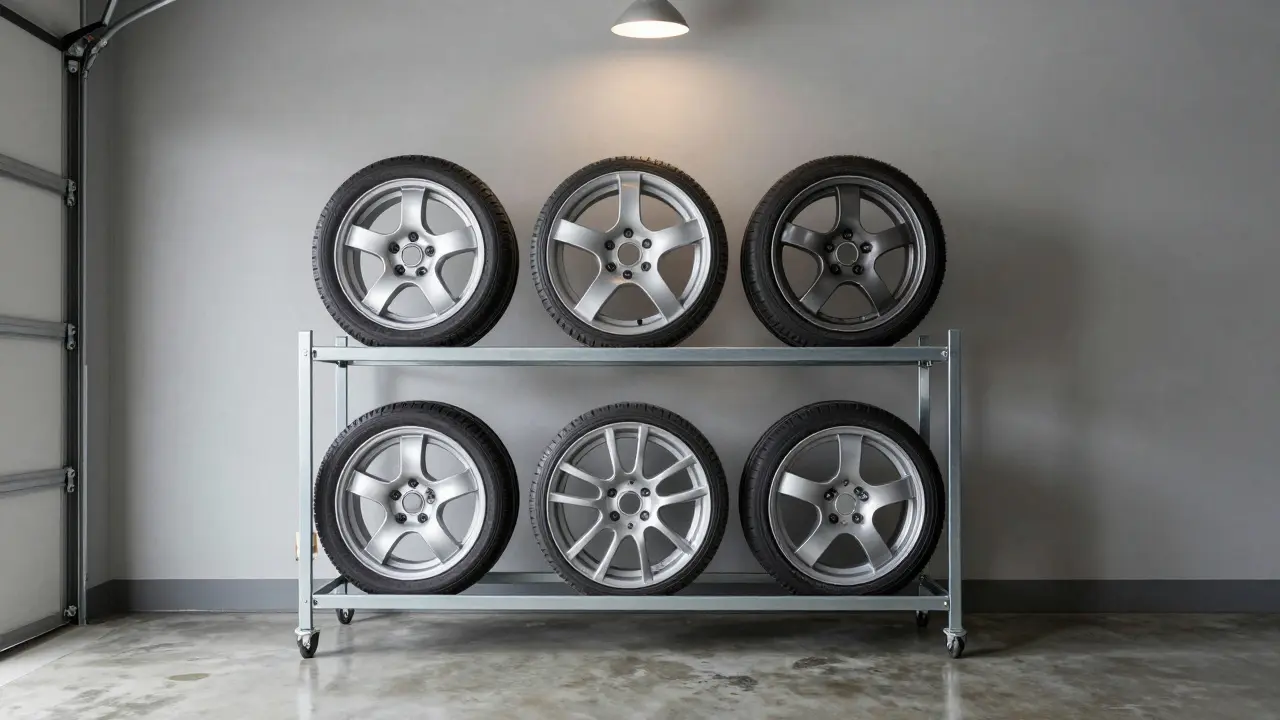 Sada kol na ráfcích správně uložená vertikálně v kovovém stojanu v garáži.