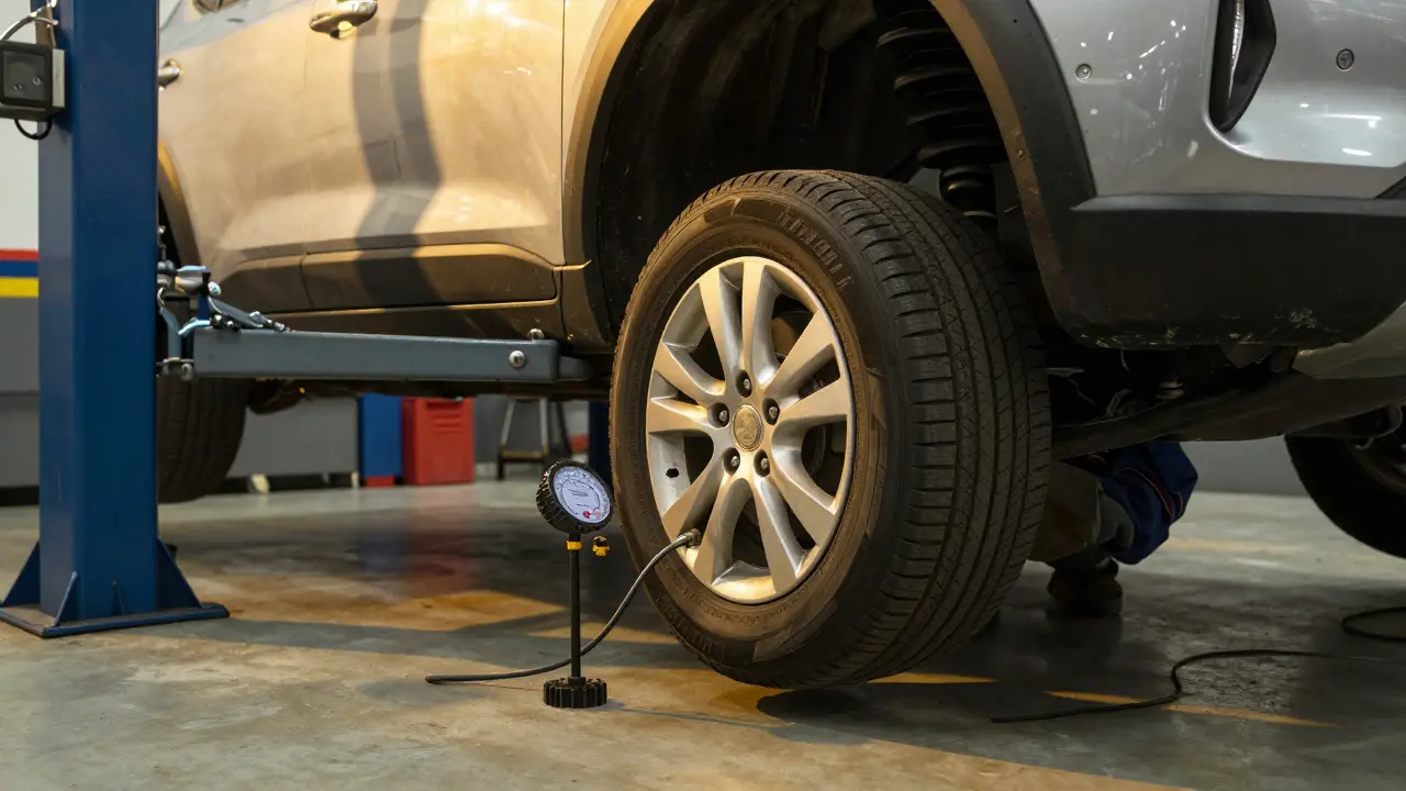 Servisní mistr kontroluje tlak v pneu na dílně