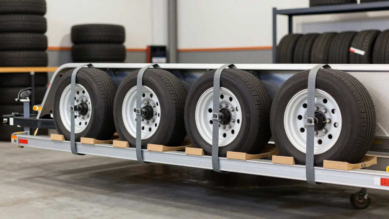 Správně a bezpečně zajištěná sada nízkoprofilových kol v nákladním přívěsu.