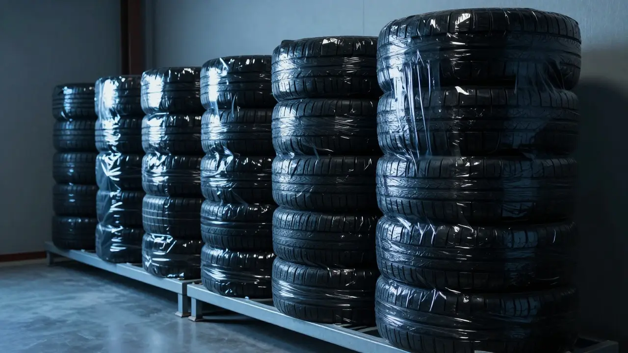 Správně skladované pneumatiky v ochranných pytlích na policích v chladné hale.