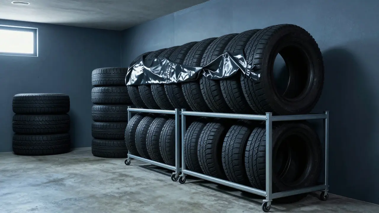 Správné skladování pneumatik v chladném a tmavém prostoru pod plachtou.