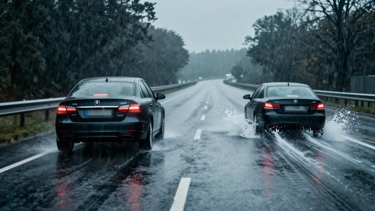 Srovnání brzdné dráhy dvou aut v dešti, kde jedno auto zastavuje mnohem později.