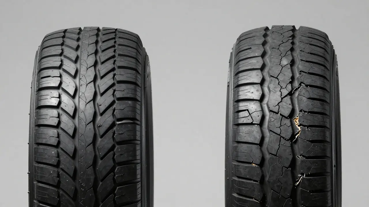 Srovnání nové pneumatiky a staré gumy s prasklinami na bočnici.