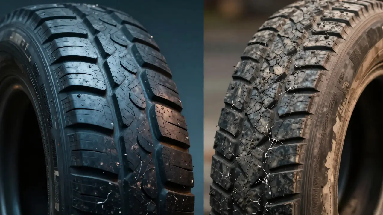Srovnání nové pružné pneumatiky a staré gumy s viditelnými prasklinami.