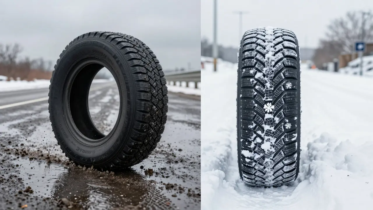 Srovnání pneumatiky M+S v blátě a certifikované zimní pneumatiky 3PMSF v hlubokém sněhu.