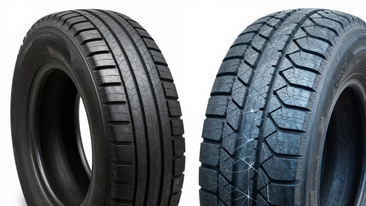 Srovnání pružné nové pneumatiky a staré gumy s prasklinami.