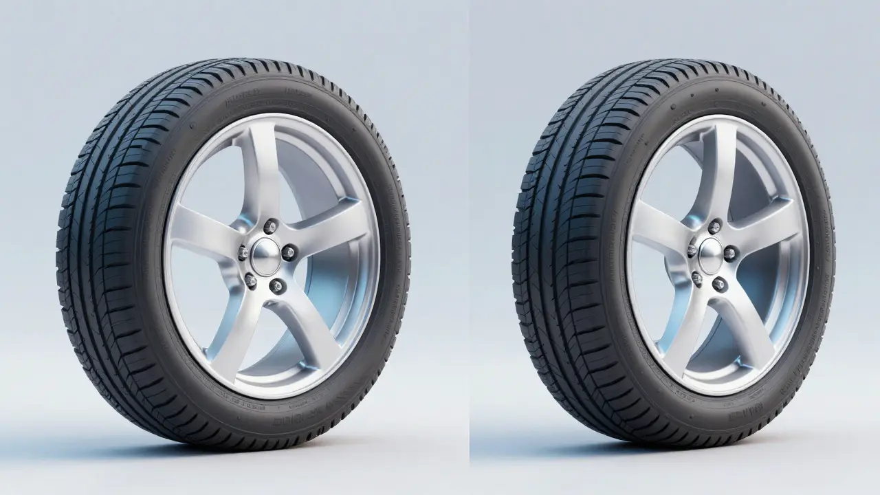 Srovnání správného, balónového a nataženého tvaru pneumatiky na ráfku.