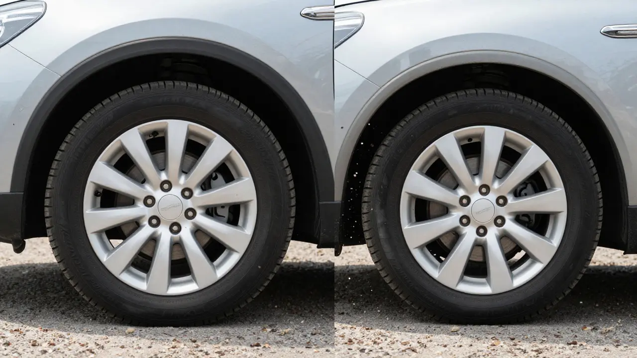 Srovnání správného zapasení kola v blatníku a kola vyčnívajícího ven.