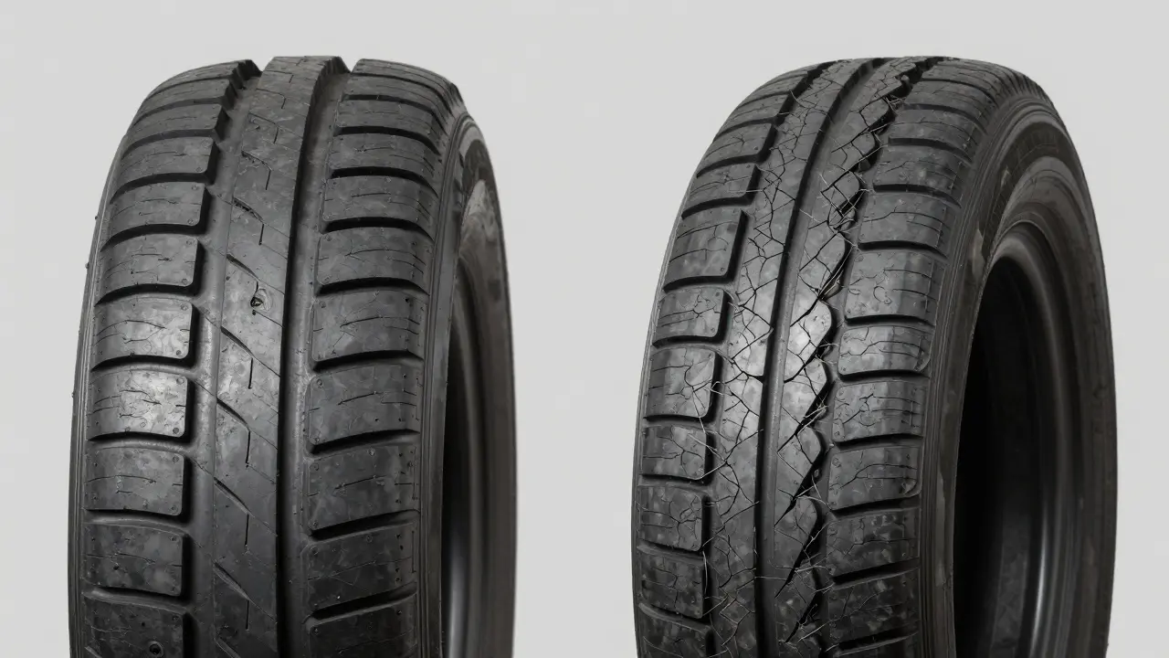 Srovnání zdravé pneumatiky s pneumatikou s vyboulováním a prasklinami na bočnici.