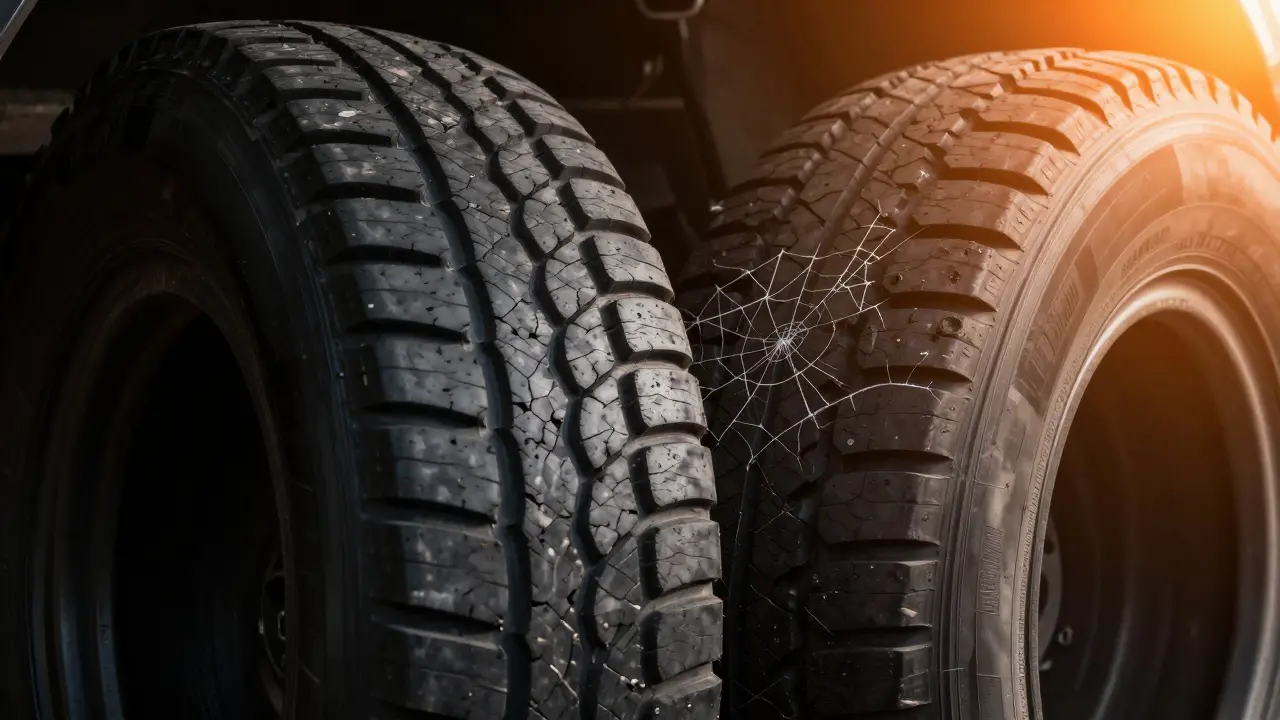 Srovnání zdravé pneumatiky v tme a pneumatiky s prasklinami od UV záření.