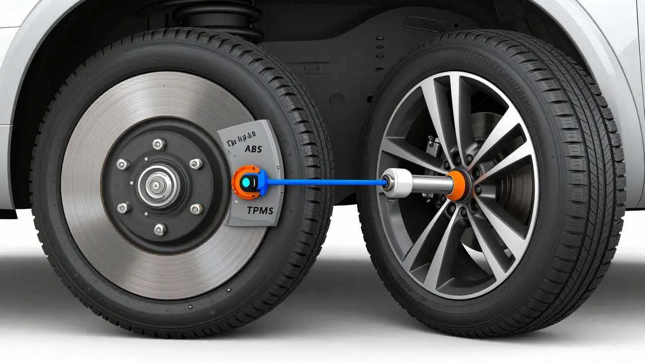 Technické znázornění rozdílu mezi nepřímým systémem ABS a přímým senzorem v pneumatice.