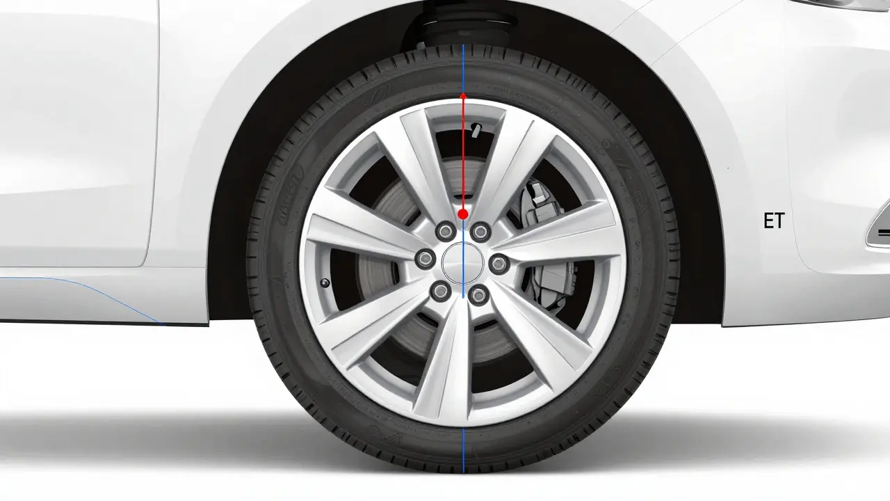 Technický schéma znázornující měření offsetu kola od středové osy.