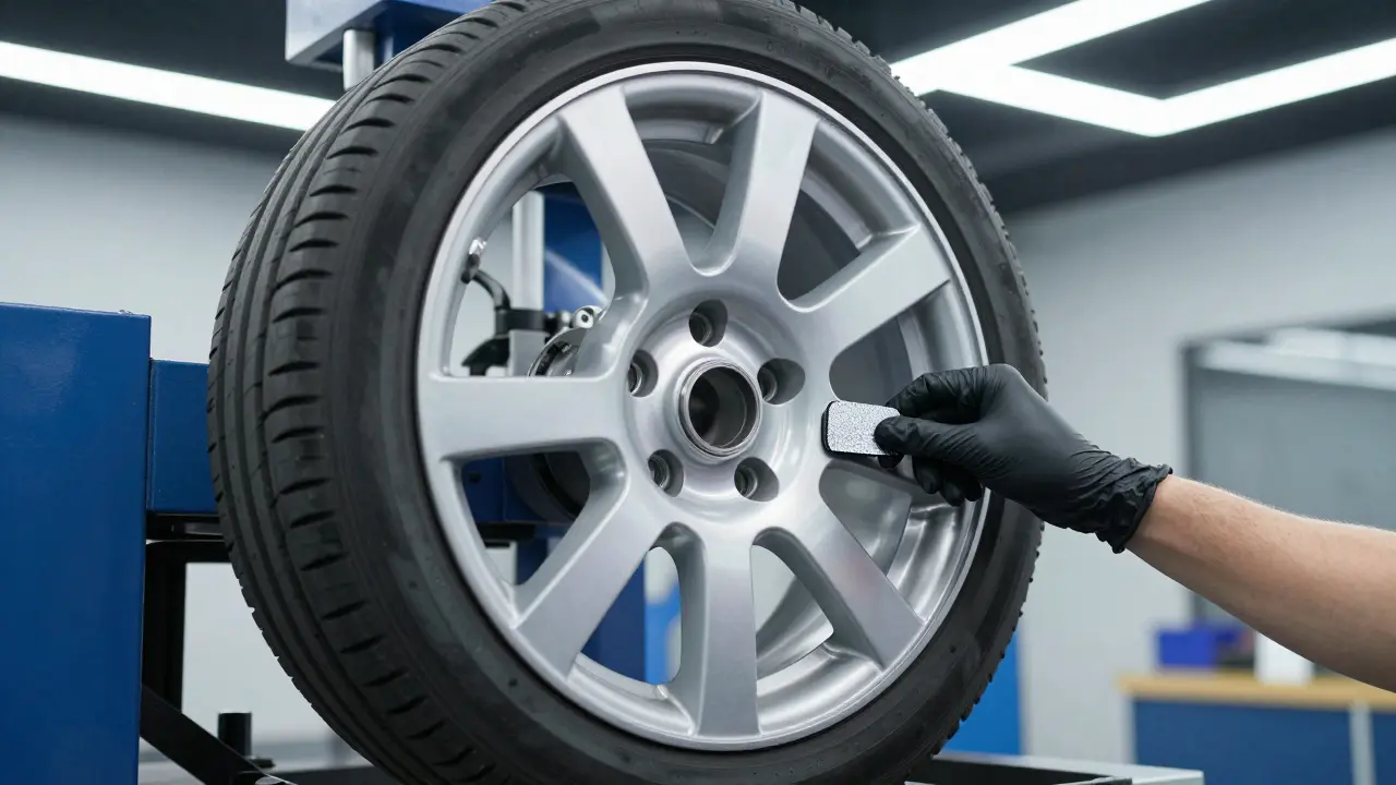 Technik aplikuje závaží na kolo v vyvažovací stroj