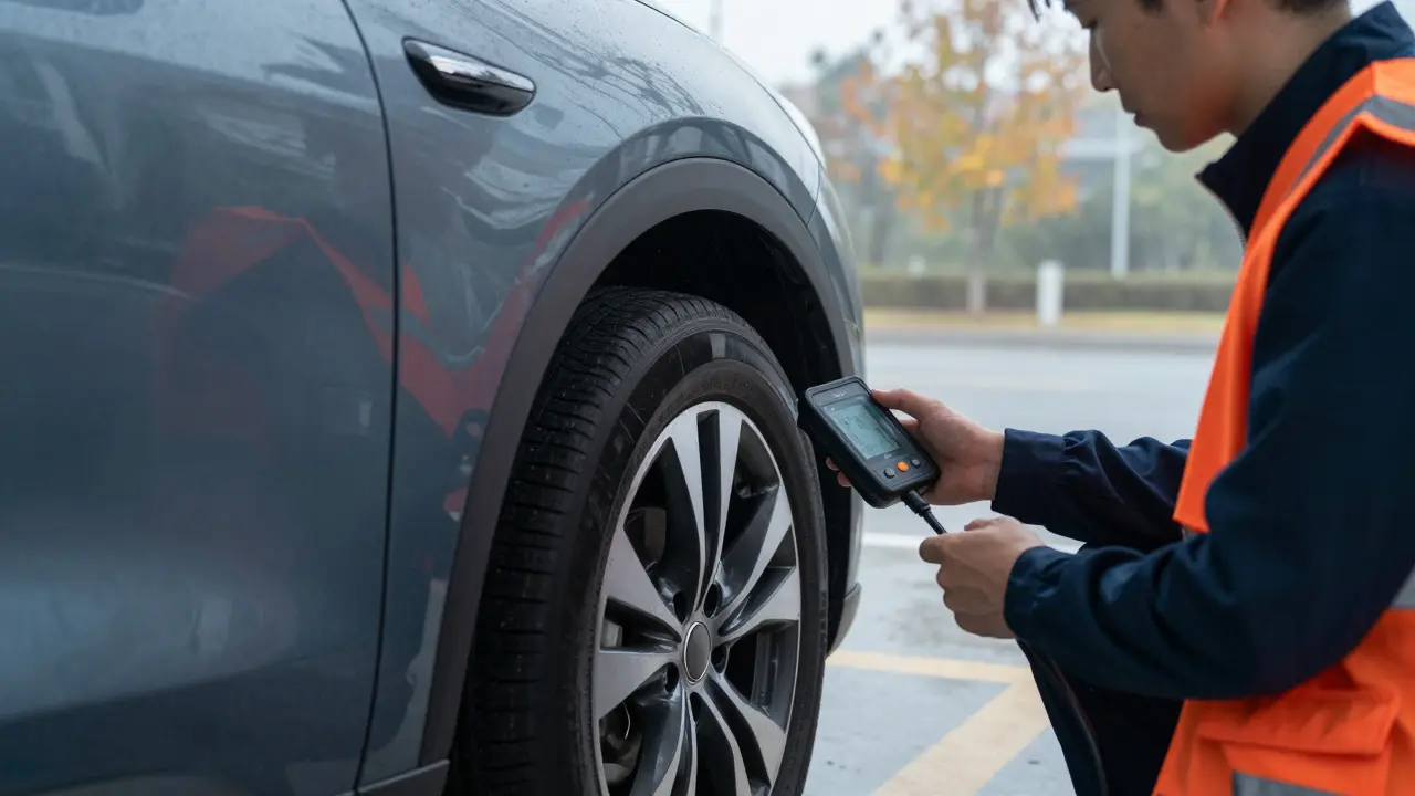 Technik kontrolující tlak v pneumatikách za studena v pneuservisu během podzimního rána.