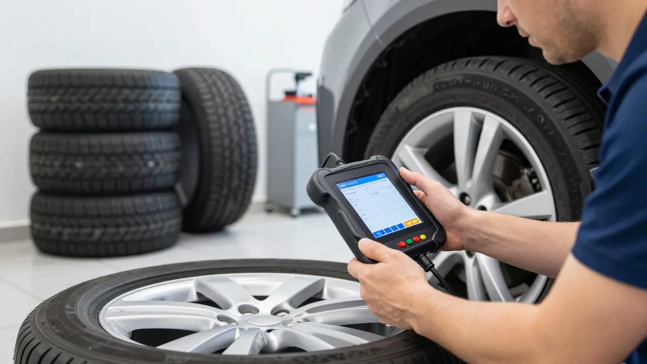 Technik v pneuservisu kalibruje senzory TPMS pomocí diagnostického přístroje.