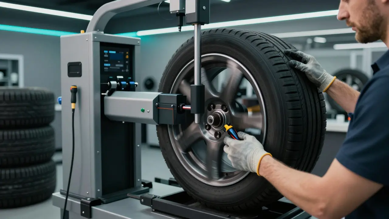Technik v pneuservisu vyvažuje kolo na profesionálním stroji.