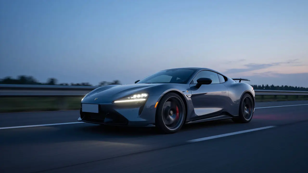 Výkonné auto jedoucí vysokou rychlostí po dálnici za soumraku.