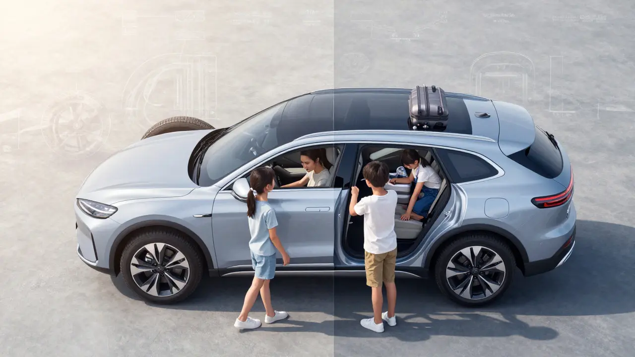 Zatížený rodinný vůz s cestovními kufry znázorňující nosnost pneumatik.