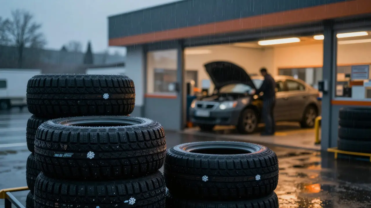 Zimní pneumatiky s označením tři hory ve skladu profesionálního pneuservisu.