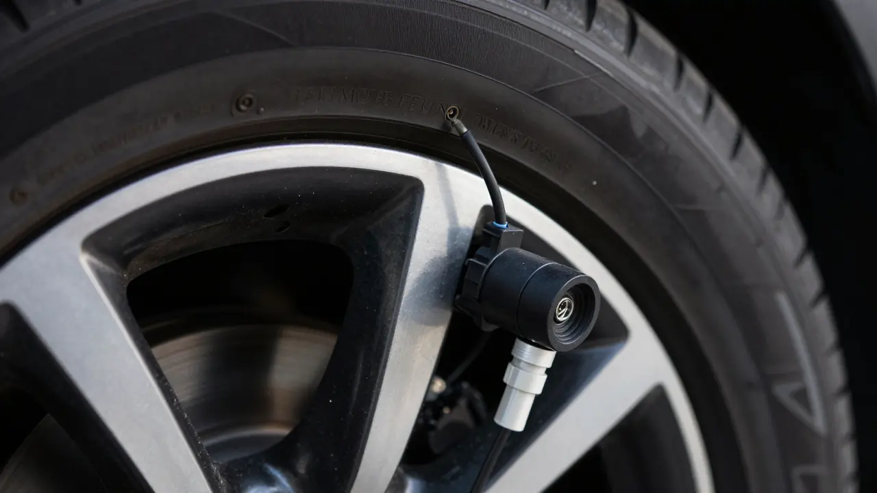 Detailní pohled na elektronický senzor tlaku uvnitř kola