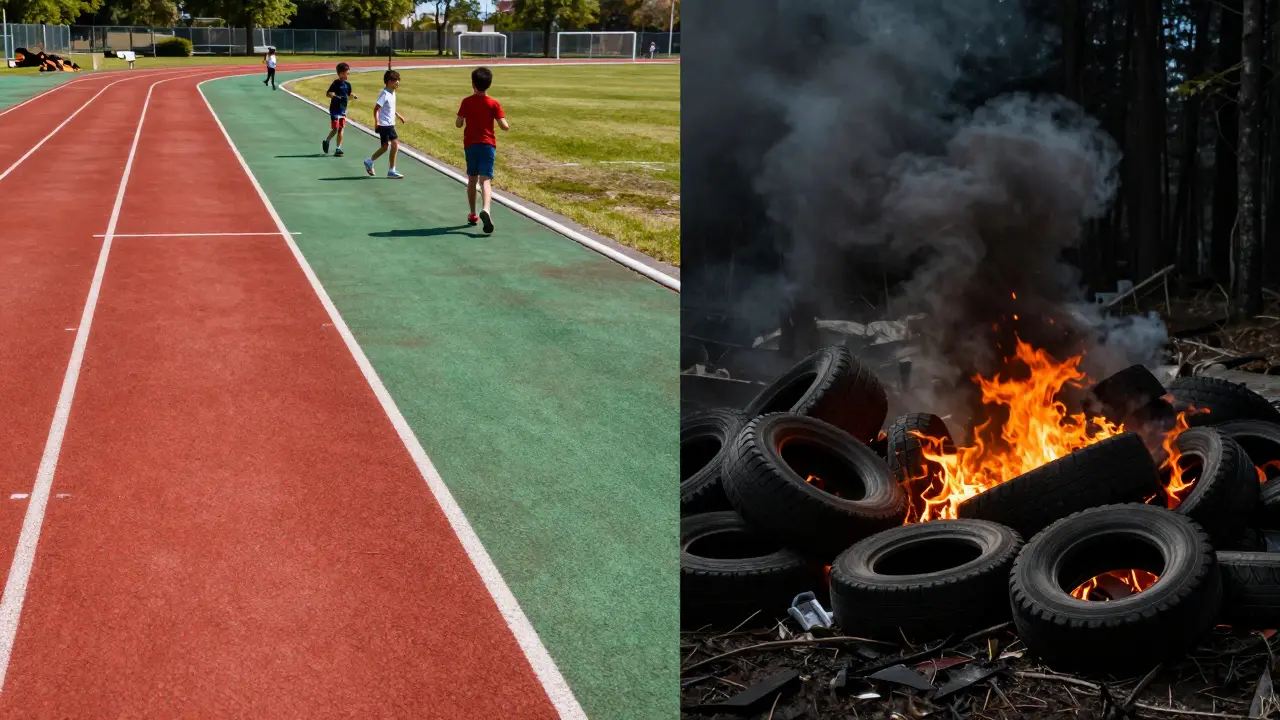 Kontrast mezi bezpečným sportovištěm z gumy a nelegální skládkou