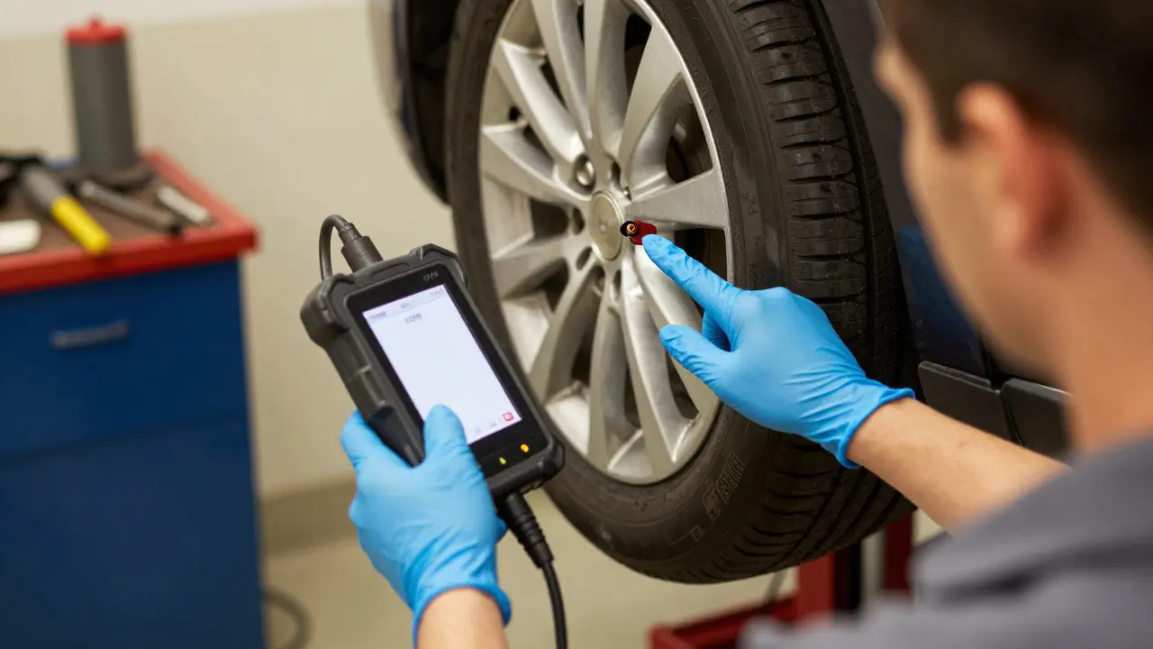 Mechanik kalibruje systém TPMS pomocí diagnostického přístroje