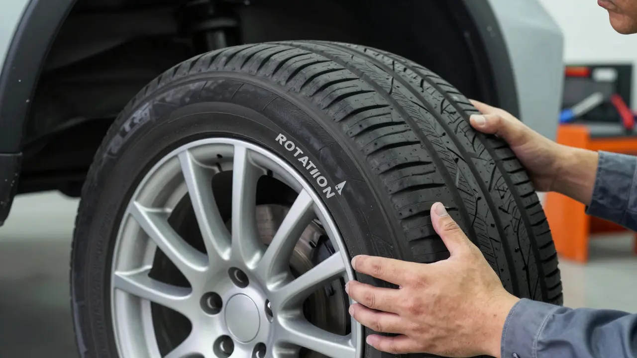 Mechanik kontroluje šipku směru otáčení při montáži pneumatiky
