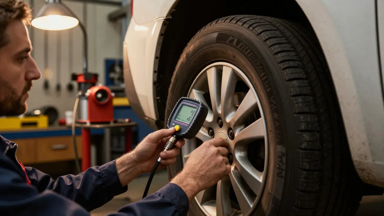 Mechanik kontroluje tlak vzduchu v pneumatice dodávky
