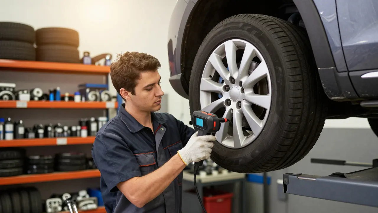 Mechanik používá diagnostický přístroj u kola vozu ve zvedáku