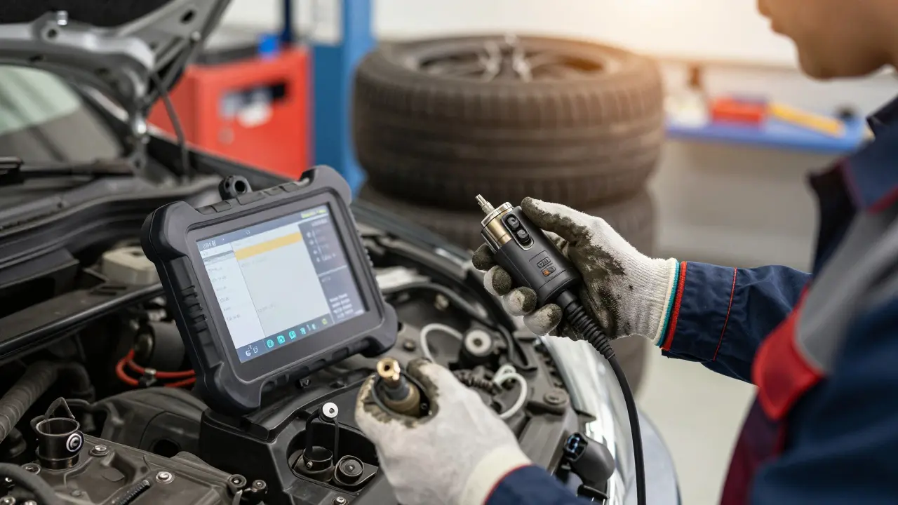 Mechanik vyměňuje senzor TPMS a používá diagnostický přístroj