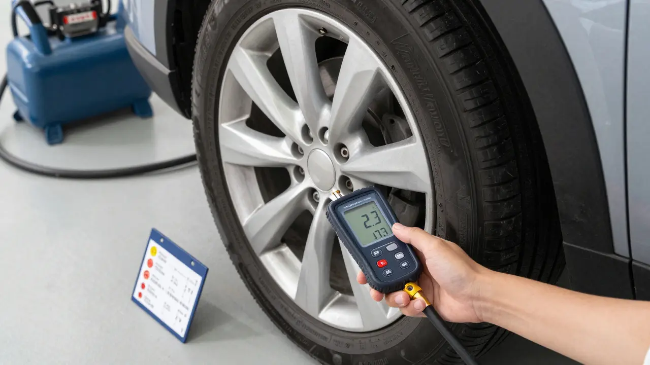 Měření tlaku vzduchu v pneumatice digitálním měřičem na servisu