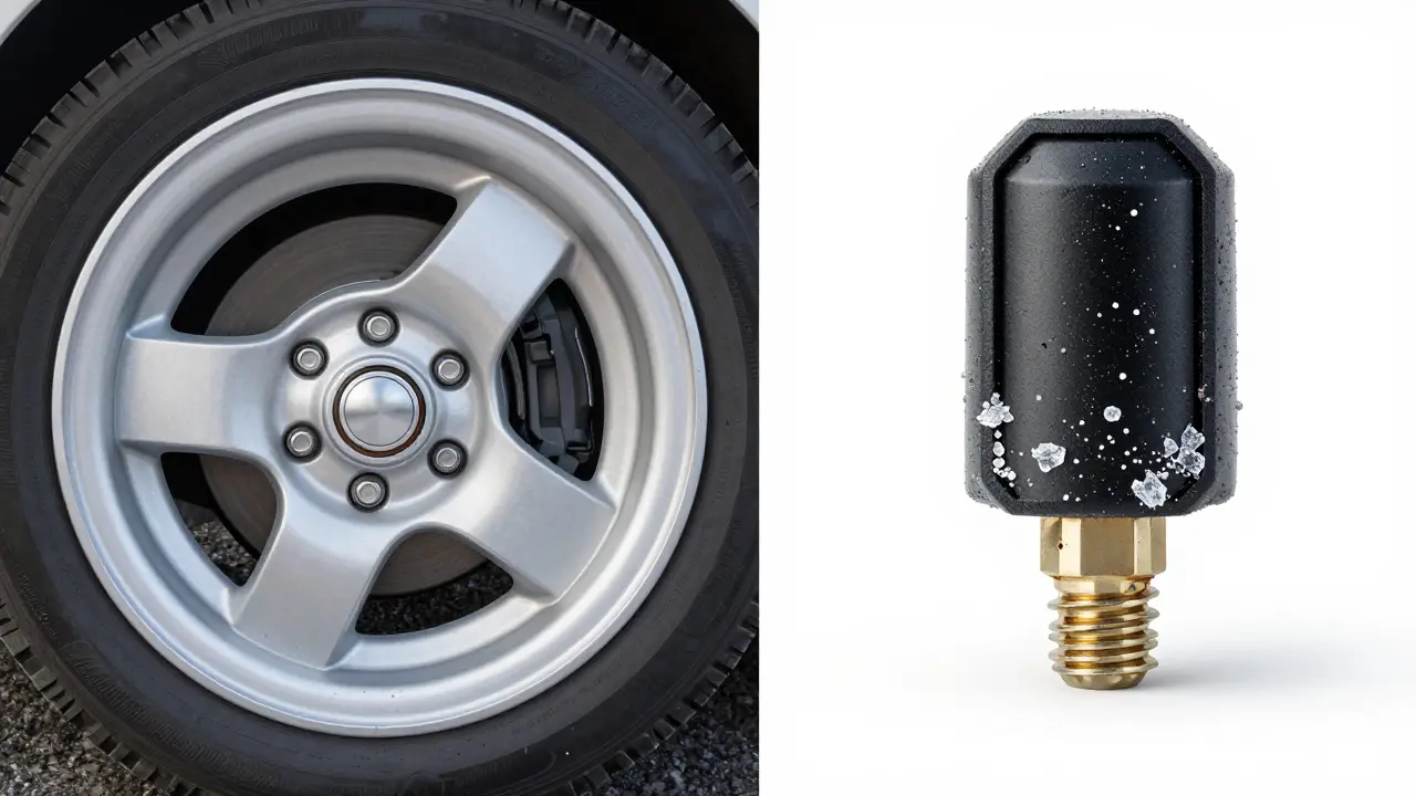 Porovnání vnitřního a vnějšího senzoru TPMS s viditelnou korozí