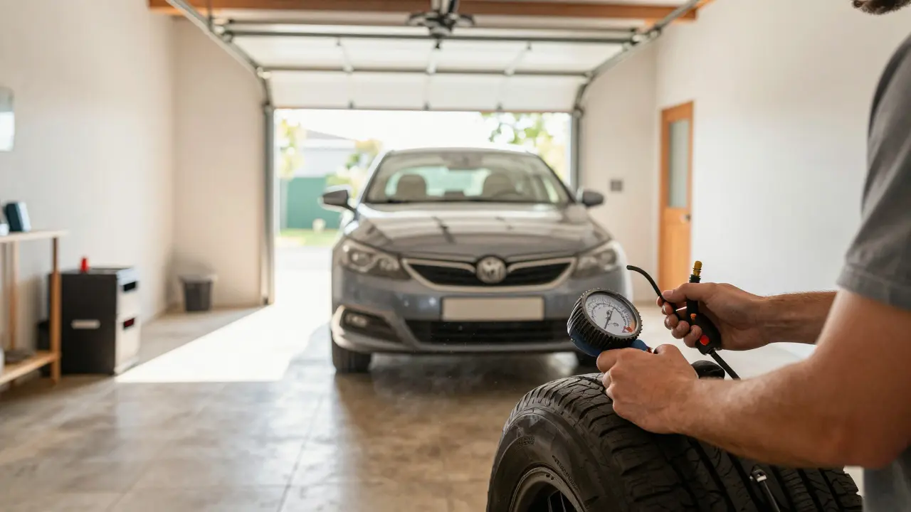 Řidič kontroluje tlak v pneumatikách doma pomocí ručního manometru