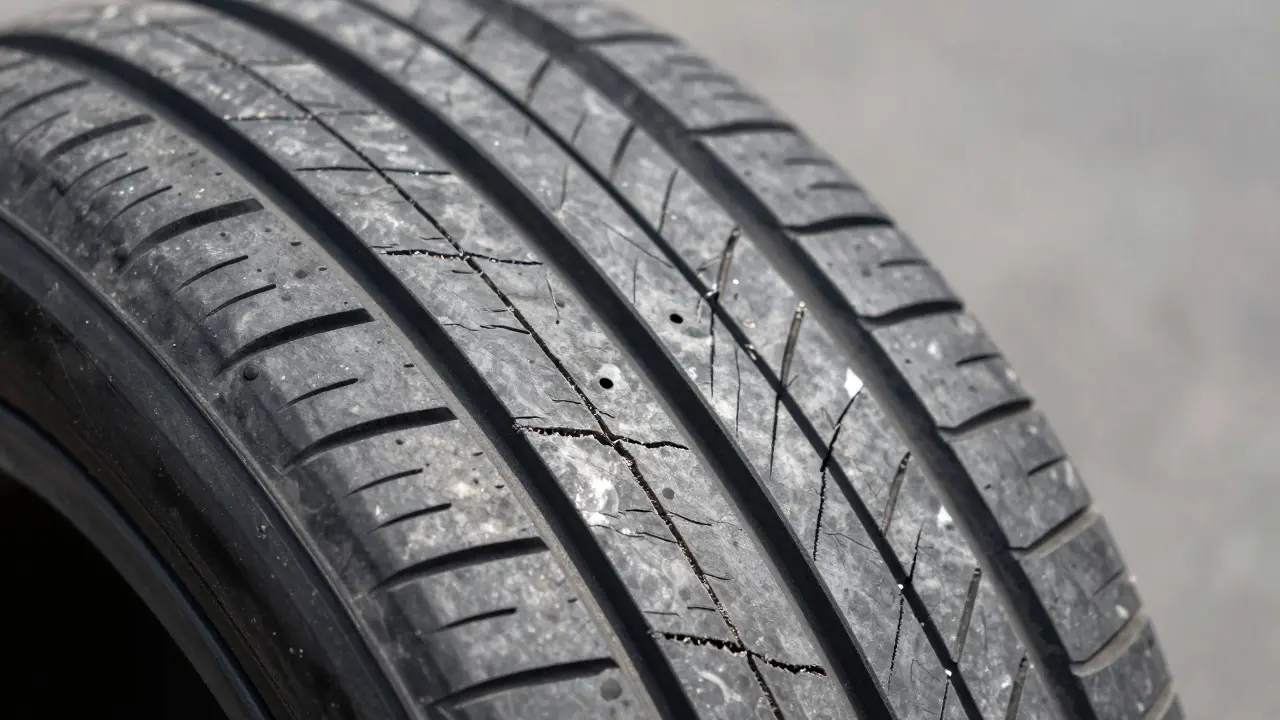 Detail poškozené pneumatiky s trhlinou na bočnici