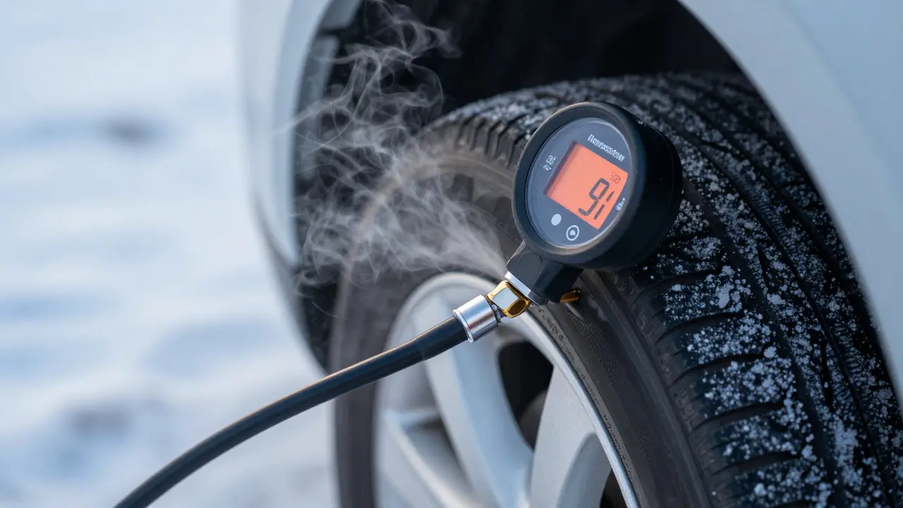 Digitální manometr měří tlak na ventilu pneumatiky v zimním ránu
