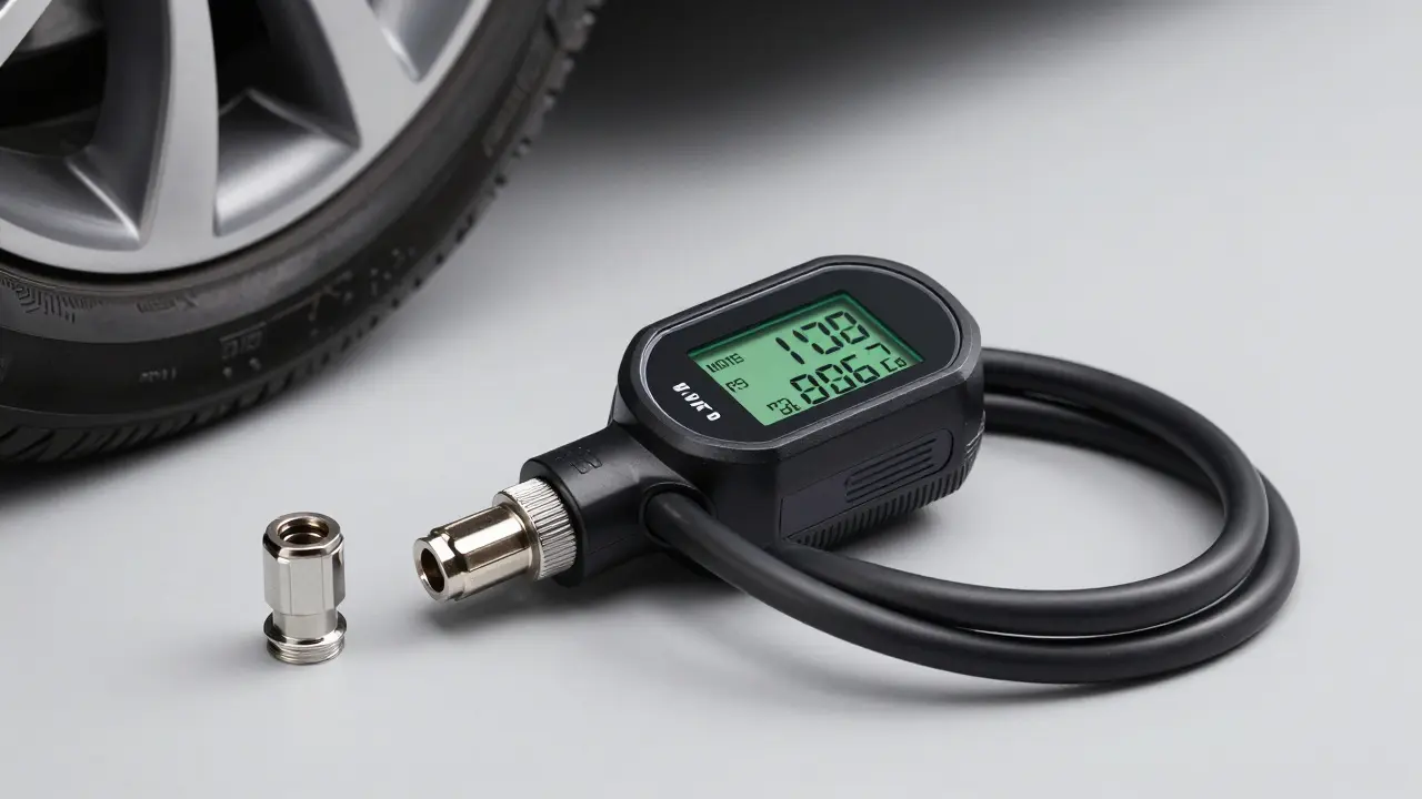 Digitální manometr měřící tlak vzduchu u ventilu kola