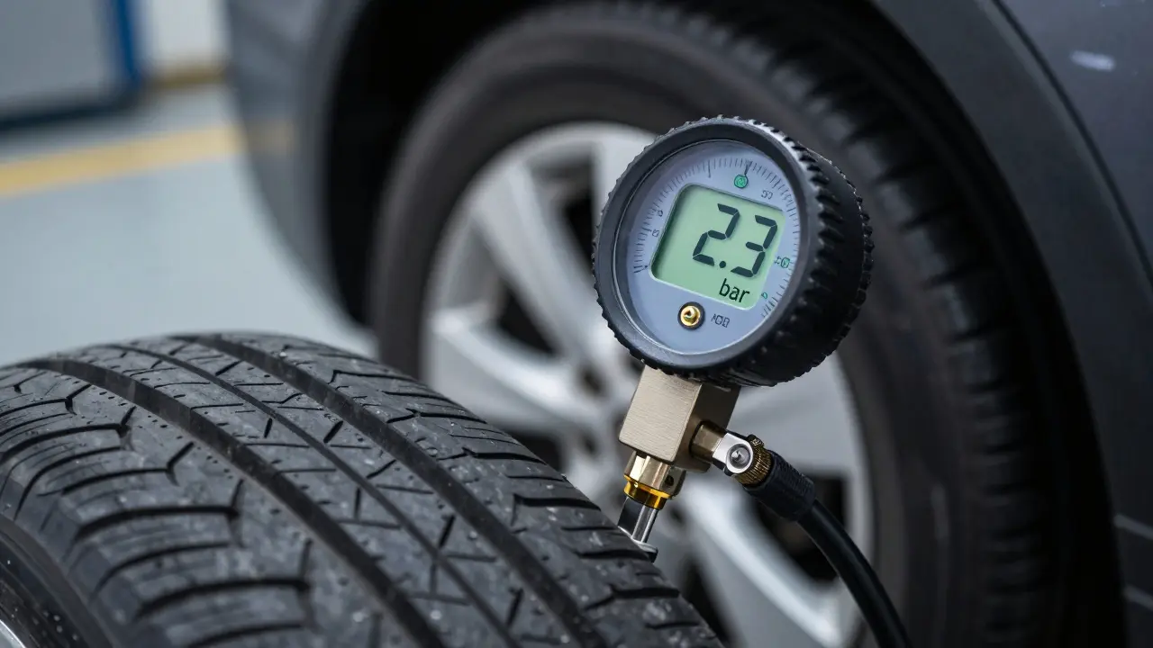 Digitální manometr měřící tlak vzduchu v pneumatice auta