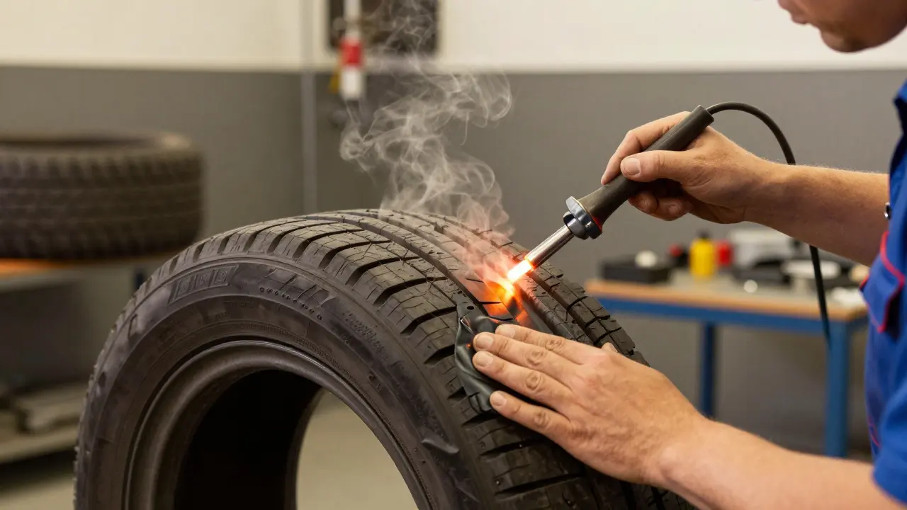 Mechanik aplikuje vulkanizační záplatu na vnitřek demontované pneumatiky