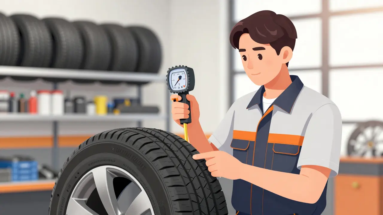 Mechanik kontroluje tlak a dezén pneumatiky