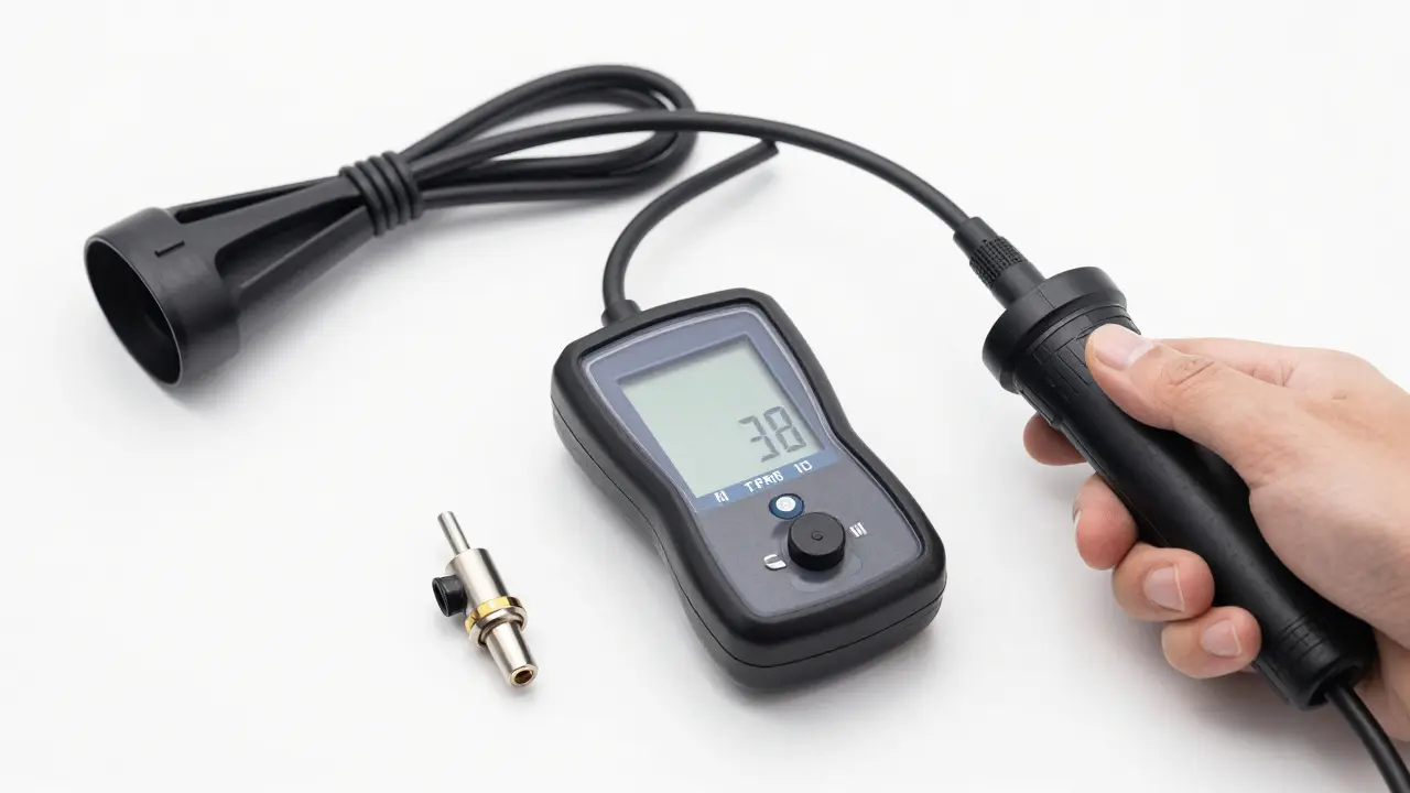 Nástroje pro měření tlaku a senzor TPMS na bílém podkladu