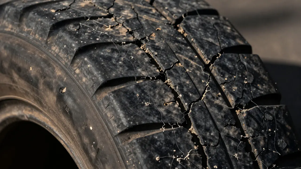 Stará pneumatika s prasklinami na povrchu ukazujícími oxidaci gumy