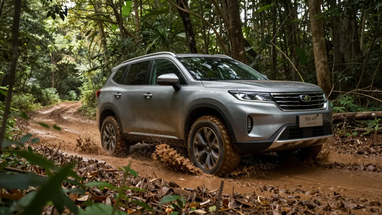 SUV s terénními pneumatikami jezdící po blátivé lesní cestě